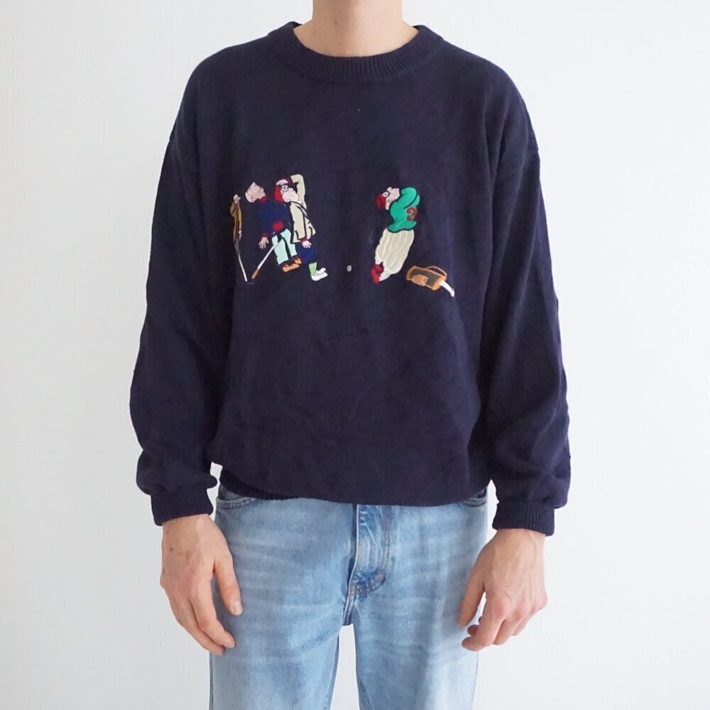 Commodity Exchange Navy Cotton Embroidered Golfers Sweater Preppy Collegiate L - Picture 1 of 10